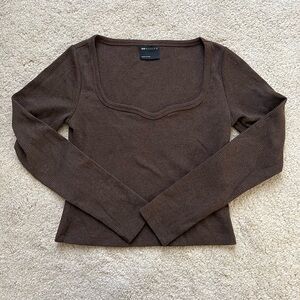 ASOS Brown Long Sleeve Sweetheart Neckline Waffle Top